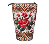 Ukrainian Embroidery Style Rose Vertical Retractable Pencil Case, Easy to Use, Adjustable Size According to Needs