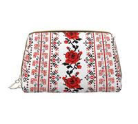 Ukrainian Embroidery Style Rose Zipper Closure Leather Portable Waterproof Cosmetic Bag for Home Travel to Organize Toiletries Sundries