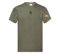 Ukrainian Trident emblem T Shirt split Ukraine United Kingdom flag on sleeve (UK, Alpha, 4XL, Regular, Regular, Khaki)