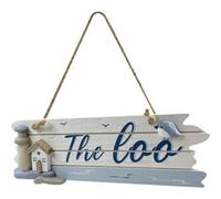 UKustomize Coastal Loo Hanging Sign - Rustic Blue Bathroom Decor with Lighthouse and Seabirds, Nautical Wall Art - 8cm x 25cm x 1.8cm, MDF, Resin