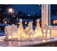 Ulable 5Pcs Ceramic White Christmas Village Sets, Christmas Village Ornaments - 3 Village Houses and 2 Trees, Light Up Tabletop Decorations for Home, Winter Holiday Display, DIY Gift