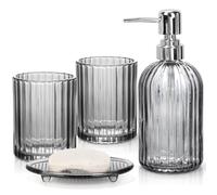 Ulable Bathroom Accessories Set, 4Pcs Black Grey Glass Bathroom Accessories Sets Complete Lotion Soap Dispenser, Toothbrush Holder, Mouthwash Cup, Soap Dish for Bathroom Decor, Countertop Organizer