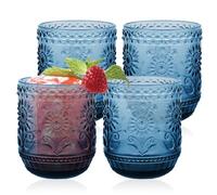 Ulable Drinking Glasses Set of 4-360ml/12oz Vintage Tumbler Glasses - Decorative Floral Embossed Water Glasses - Heavy Duty Glassware Beverages Tumblers for Whisky, Beer, Juice, Wine, Blue