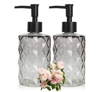 Ulable Glass Soap Dispenser with Plastic Pump, 2 Pack 12oz Gradient Diamond Design Black Soap Dispenser, Bathroom Soap Dispenser for Dishwashing Liquid, Lotion Shower Gel