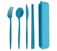 ulafbwur Cutlery Set 4Pcs/Set Reusable Portable Plastic Cutlery Set with Storage Box Students Spoon Fork Cutter Chopsticks Tableware Set for Outdoor Flatware Set, C1029