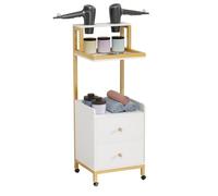 ulafbwur Salon Trolley Cart with 4 Wheels & 2 Drawers - Rolling Hair Stylist Cart with Dryer Holder, Open Shelves, White & Gold Barber Station for Salon, Spa, Makeup Storage White