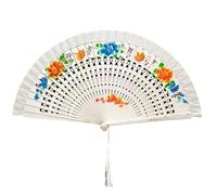 ulafbwur Wood Fan with Tassels Wooden Folding Double Sided Flower Pattern Hollow Ribs Catwalks Dance Wing Chun Props Women's Summer Hand Held Party White
