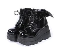 Ulalaza Dark Bat Wing Ankle Boots for Women Wedge Chunky with Sassy Platform Boot Round Toe Lace up Side Zipper High Heel Women Boot Stretch Fabric Soft Skin-Friendly and fit Around The Ankle