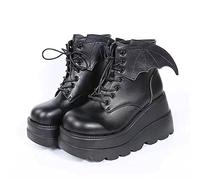 Ulalaza Dark Bat Wing Ankle Boots for Women Wedge Chunky with Sassy Platform Boot Round Toe Lace up Side Zipper High Heel Women Boot Stretch Fabric Soft Skin-Friendly and fit Around The Ankle