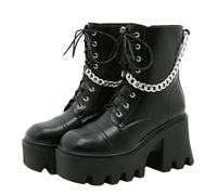 Ulalaza Dark Bat Wing Ankle Boots for Women Wedge Chunky with Sassy Platform Boot Round Toe Lace up Side Zipper High Heel Women Boot Stretch Fabric Soft Skin-Friendly and fit Around The Ankle