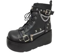 Ulalaza Women's Goth Platform Ankle Boots with Bat Wing Buckles Chunky Block Heels Round Toe Zipper Punk Motorcycle Combat Boots Comfy Short Gothic Booties