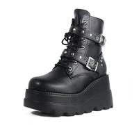 Ulalaza Women's Goth Platform Ankle Boots with Bat Wing Buckles Chunky Block Heels Round Toe Zipper Punk Motorcycle Combat Boots Comfy Short Gothic Booties