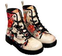 Ulalaza Women's Gothic Skull Rose Print Combat Boots Lace Up Mid Ankle Booties Halloween Day of the Dead Pattern Fashion Walking Boots