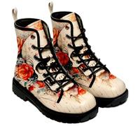 Ulalaza Women's Gothic Skull Rose Print Combat Boots Lace Up Mid Ankle Booties Halloween Day of the Dead Pattern Fashion Walking Boots