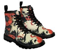 Ulalaza Women's Gothic Skull Rose Print Combat Boots Lace Up Mid Ankle Booties Halloween Day of the Dead Pattern Fashion Walking Boots