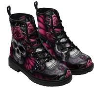 Ulalaza Women's Gothic Skull Rose Print Combat Boots Lace Up Mid Ankle Booties Halloween Day of the Dead Pattern Fashion Walking Boots
