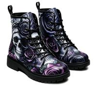 Ulalaza Women's Gothic Skull Rose Print Combat Boots Lace Up Mid Ankle Booties Halloween Day of the Dead Pattern Fashion Walking Boots