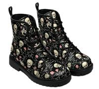 Ulalaza Women's Gothic Skull Rose Print Combat Boots Lace Up Mid Ankle Booties Halloween Day of the Dead Pattern Fashion Walking Boots