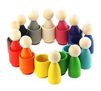 Ulanik Large Peg Dolls in Cups Toddler Montessori Toys for 3+ Year Olds Baby Waldorf Dolls Wooden Games for Learning Colour Sorting and Counting - 12 Gnomes