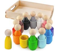 Ulanik Peg Dolls in Cups Montessori Toy Wooden Sorter Game 12 Gnomes 85 mm Age 3+ Color Sorting and Counting Peg Dolls Preschool Learning Education