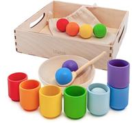 Ulanik Rainbow Large Balls in Cups Toddler Montessori Toys for 1 Year Old + Baby Preschool Matching Wooden Games for Learning Colour Sorting and Counting - 7 balls