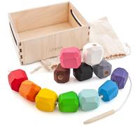 Ulanik Threading Stones Toddler Montessori Toys for 3+ Year Olds Wooden String Lacing Beads Game for Learning Colour & Counting - 12 Balancing Stacking Stones
