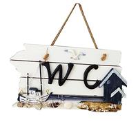 ULDIGI Mediterranean Wooden WC Plaque Hand Carved Wall Hanging Board Sailing Ship Bathroom Sign White and Black Toilet Plaque Art Sculpture for Home Beach Hotel Decoration
