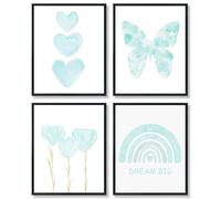 ULEGIE Toddler Girl Room Decor, Blue Girls Room Nursery Dream Big Wall Art Prints Set of 4, Watercolor Pink Butterfly Rainbow Floral Posters Decor for Toddler Baby Room, 8x10 Inch Unframed