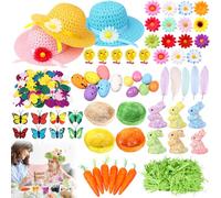 ULELE 165 Pcs Easter Bonnet Kit Easter Bonnet Hat for Kids DIY Decorations with Eggs Nests,Grass,Flower,Sticker, Butterfly,Chicks,Bunny,Carrots for Party Favors Craft Supplies