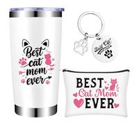 ULELE 3 Pcs Cat Mom Gifts for Women, 20oz Best Cat Mom Ever Tumbler Mug for Cats Lovers Cats Mum Themed Gift with Makeup Bag Keychain for Crazy Ca-t Lady Mothers Day Birthday