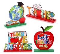 ULELE 4 Pcs Teacher Appreciation Ornament Gifts Best Teacher Sign Table Decoration Wooden Apple Standing Graduation Appreciation Leaving Gift Thank You Teacher Table Topper for Teacher Nursery