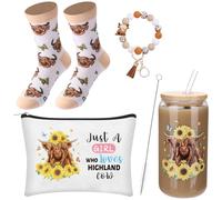 ULELE 4Pcs Highland Cow Gifts Set for Highland Cow Lovers Including A Just a Girl Who Loves Highland Cows Makeup Bag Socks 16oz Glass Cups and Beaded Bracelet Gift Box for Sister Friends