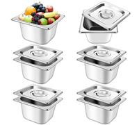 ULELE 6Pcs Stainless Steel Gastronorm Pan 1/6 with Lid,Stainless Steel Tray Hot and Cold Food Storage Container Stainless-s Steel-s Food Containers Pot Pan 1.7 Litres