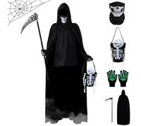 ULEMON Halloween Grim Reaper Costumes for Adult 5Pcs Scary Grim Reaper Costume Black Hooded Cloak with Scythe, Skull Mask, Skeleton Gloves Candy Bags Death Grim Reaper Cosplay Costume Outfits Props