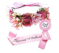 Ulfanit Girls Baby Shower Decoration - Adjustable Flower Crown Tiara and Growing A Princess Sash, Daddy Pin, Pink Party Gift Favors for Expectant Mom Dad Parents