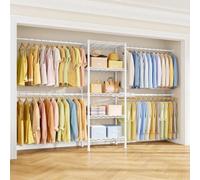 Ulif M2 Closet Organizer System, 5.9 Feet Height Mounted to the Wall Garment Rack with 4 Expandable Hanger Rods, 5 Shelves in 23.6" L x 14.5" W, Suit Total Space from 5.8-8.8 ft, White