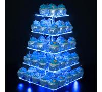 Ulifeme 5 Tier Cupcake Stand Acrylic Square Tower Display + Blue LED String Light, Cake Holder Dessert Tree Tower for Birthday, Wedding, Graduation, Anniversary & Party, 5 Layers for 15/20/25/30/35cm