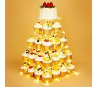 Ulifeme 5 Tier Cupcake Stand Acrylic Square Tower Display + Yellow LED String Light, Cake Holder Dessert Tree Tower for Birthday, Wedding, Graduation, Anniversary & Party, 5 Layer for 15/20/25/30/35cm