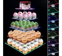 Ulifeme 5 Tiers LED Acrylic Cupcake Stand, Rechargeable LED Light Square Clear Dessert Display Stand Cupcakes Tower for Christmas, Wedding, Anniversary, Baby Shower, Aftertoon Tea & Birthday Party