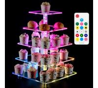 Ulifeme LED Light Cupcake Stand with Remote Control, Multi-Colour 5 Tier Acrylic Cupcake Square Tower Display, Changing Modes Cakes Holder for Birthday, Baby Shower, Wedding, Party Decor, USB Powered