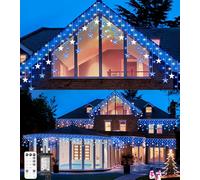 ULIGHTOWN Icicle Lights Outdoor, 9M/29.5FT Star Icicle Outdoor Christmas Lights, IP44 Waterproof&8 Modes&3 Timer&4 Brightness Fairy Lights Plug in for Indoor,Eaves,Window,Festival Decor-Blue White