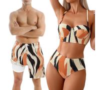 Ulikeey Couples Matching Swimsuit Zebra Print, Push-Up Bra Women Bikini Set, Soft Elastic Men Swim Trunks, High Waisted Women, Large