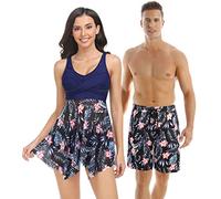 Ulikeey Matching Swimsuits for Couples Women Swimdress with Boy-Short Tankini Set Men Swim Trunks Board Short Modest Swimwear, Navy Blue, L