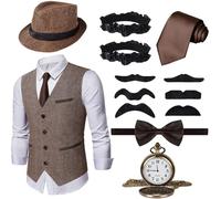 Ulikey 20s Men's Accessories, 1920s Mafia Costumes, Men's Set with Vest, Bow Tie, Bowler Hat, Pocket Watch, Cigar Bracelet, Moustache for Halloween, Fancy Dress Costumes, brown, XL