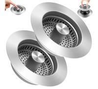 ULIOLI 3 in 1 Kitchen Sink Drain Strainer Sink Stopper, Stainless Steel Sink Drain Strainer with Anti-Clogging Basket, Kitchen Sink Drain Filter Plug for US Standard 3-1/2 Inch Drain (2Pack)