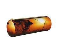 ULKMFFCF African Grass Sunset Printed Round Pencil Case - Cute Leather Zip Pouch for School, Office, Travel and Makeup