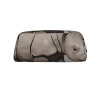 ULKMFFCF Animal Rhino Printed Leather Pencil Case for Students Girls Boys - Cute Silver Zip Pen Pencil Pouch Office School Adult Stationary Organiser Makeup Bag