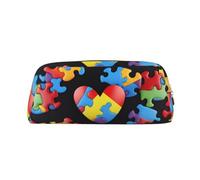 ULKMFFCF Autism Awareness Puzzle Pieces Heart Printed Leather Pencil Case for Students Girls Boys - Cute Gold Zip Pen Pencil Pouch Office School Adult Stationary Organiser Makeup Bag