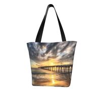 ULKMFFCF Beach Sea Bridge Clouds Sunset Printed Shoulder Bag for Women Handbag Tote Bag Shopping Bags
