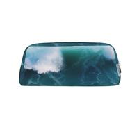 ULKMFFCF Beautiful Sea Waves Printed Leather Pencil Case for Students Girls Boys - Cute Silver Zip Pen Pencil Pouch Office School Adult Stationary Organiser Makeup Bag